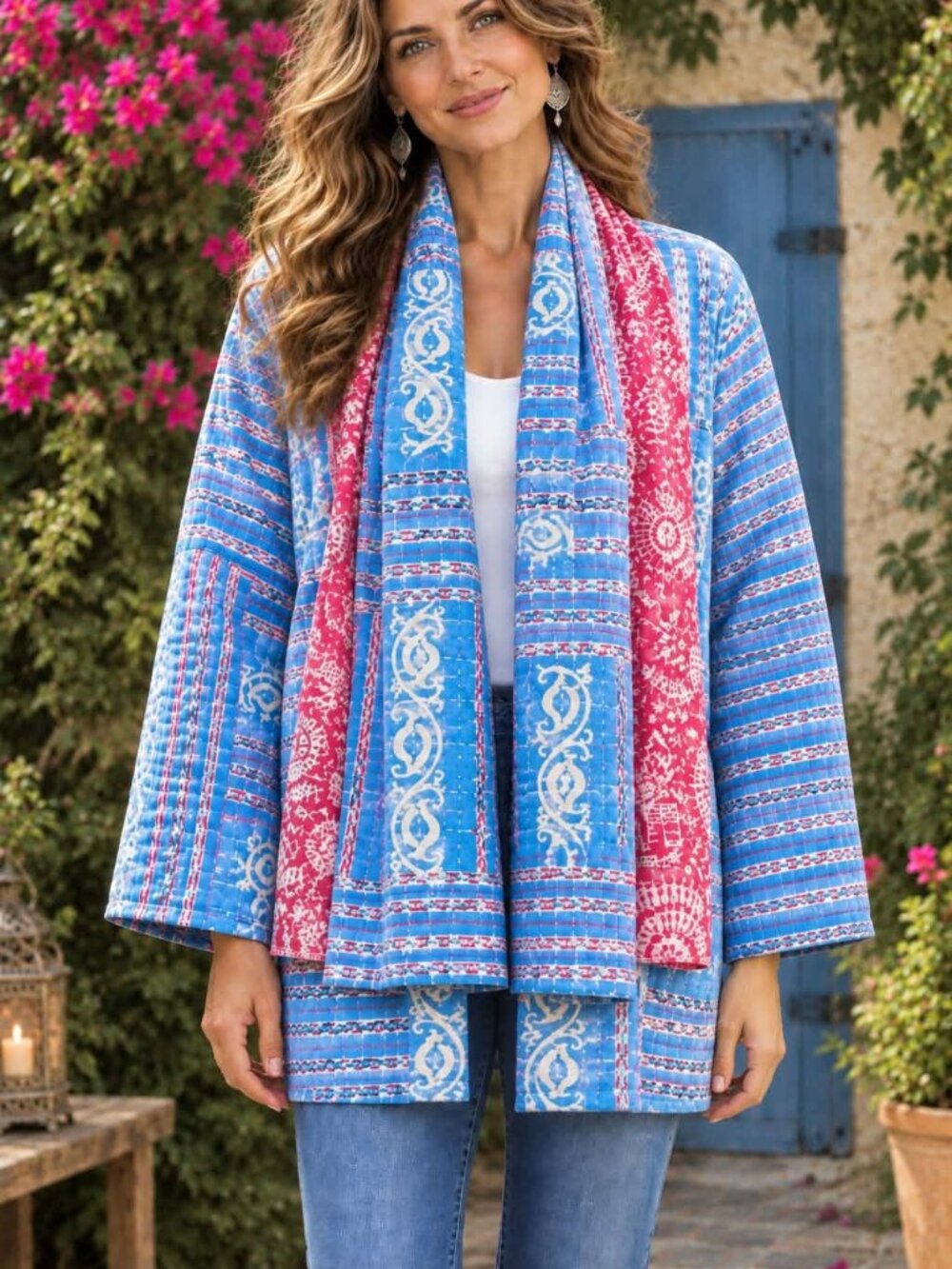 Women Handmade One Of a Kind Blue Kantha Jacket & Reversible Scarf One Size